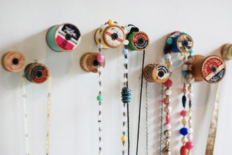 Wooden Necklace Holder with Vintage Thread Spools