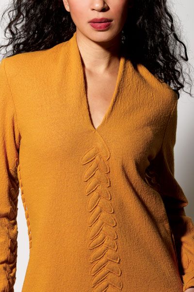 Blouse with folds on decolletage embellished with crystals mustard