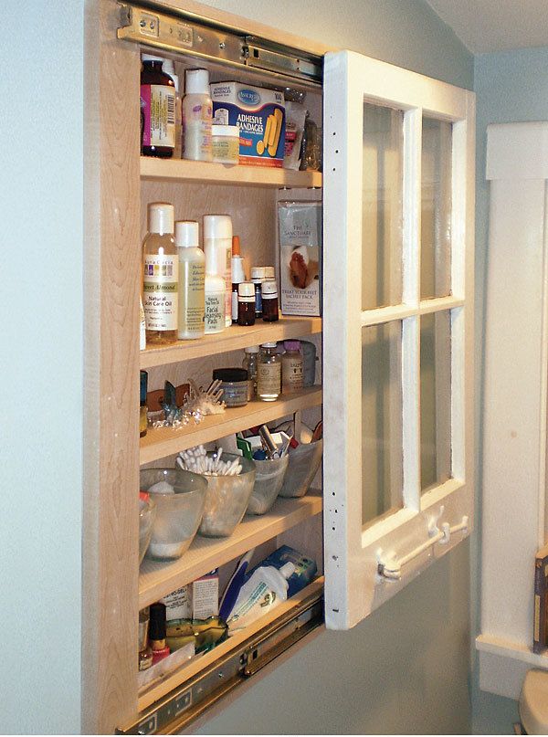 Replaced old medicine cabinet with scrap wood. Build in with adjustable  shelves