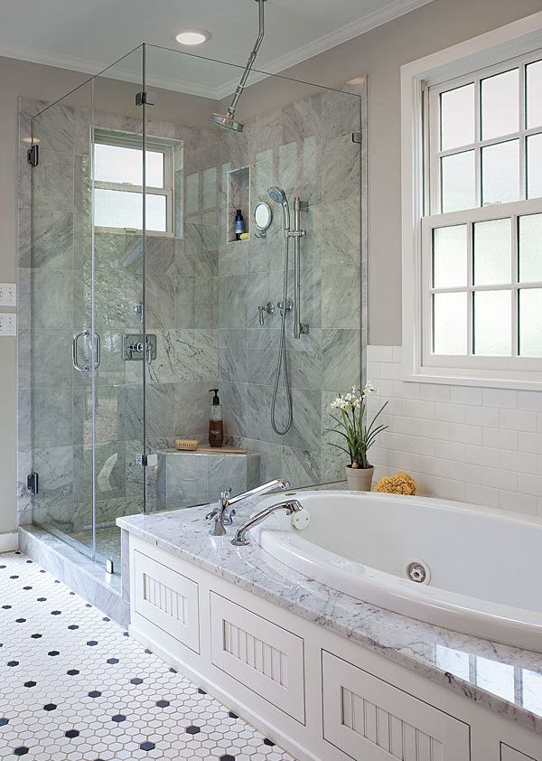 Corner Shower with Mosaic Marble Floor - Transitional - Bathroom