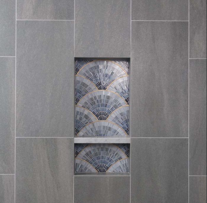 Example of a corner shelf in shower made out of the wall tile  Doorless  shower design, Shower fixtures, Shower corner shelf