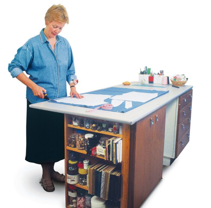 Tailors Work Desk. Pattern Of Sewing Accessories And Tools On