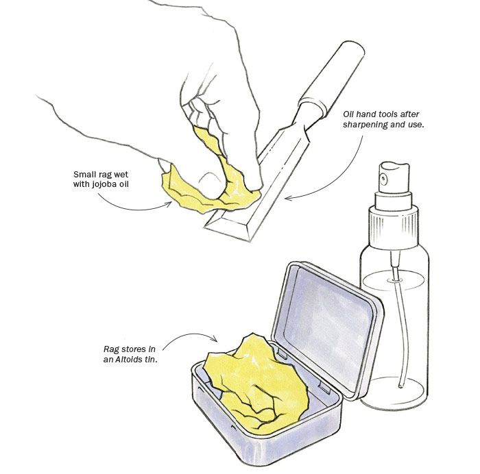 Candy tin stores small rag for oiling hand tools - FineWoodworking