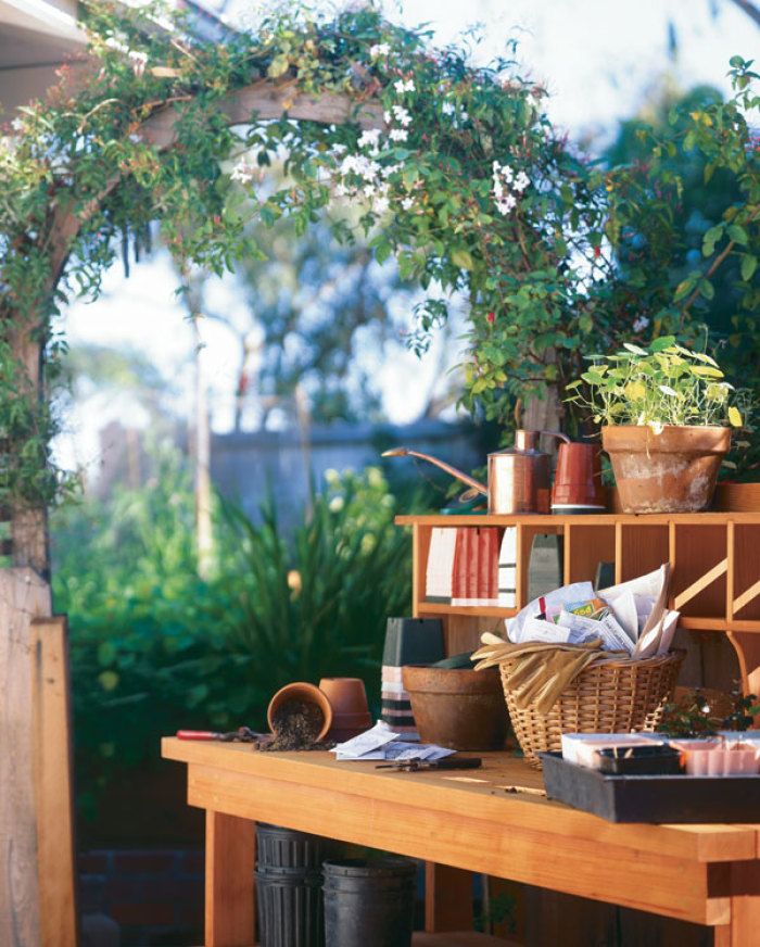 finished potting bench with items on it