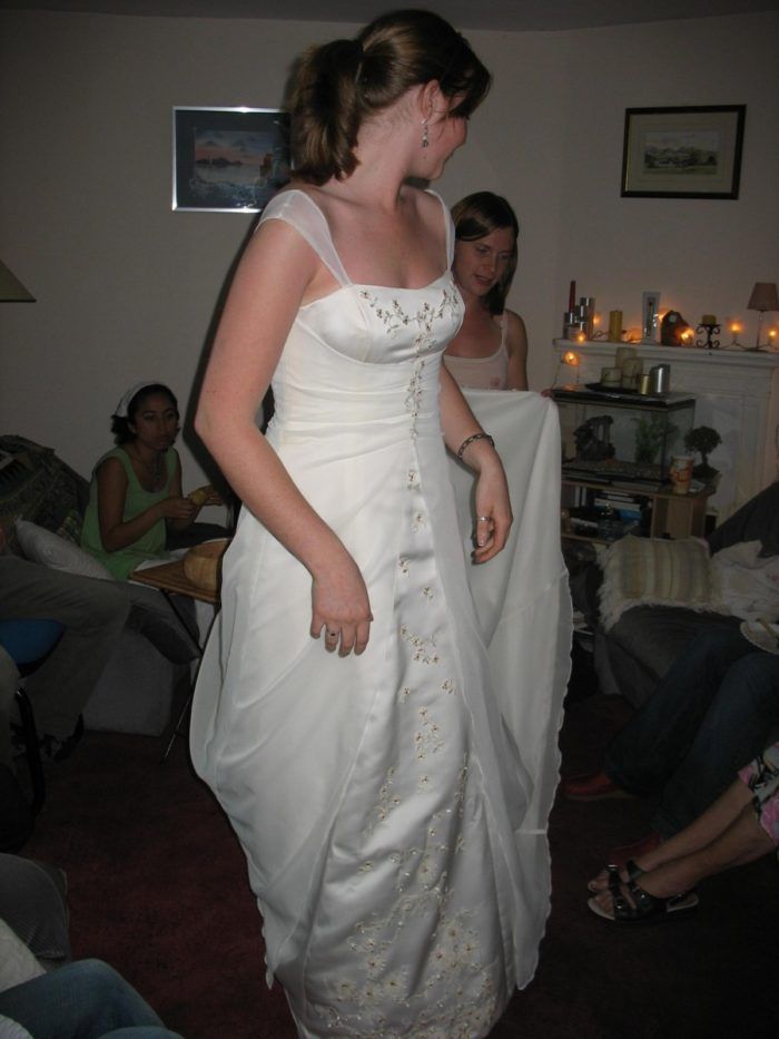 Wedding Dress - French lace and red beads - Threads