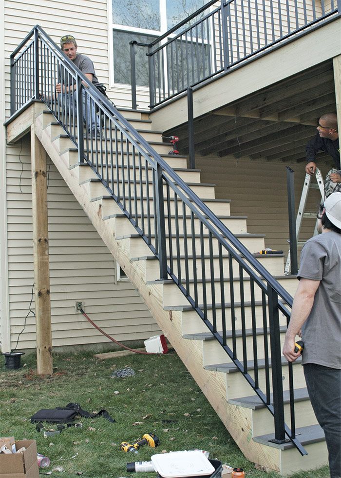 23. Check and adjust the balustrade. Stairway balustrades are made in several angle options. Set the section in place and check the angle. The balustrades can be wracked slightly if the balusters are not quite parallel to the posts.