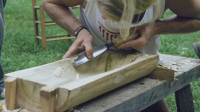 Woodworking tools : 1 : Adze handle made of pine, 2 : Adze blade made