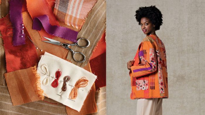 Left image of different fabric scraps with scissors and thread and on the right a brown women with an afro wearing a patchwork jacket and tan pants
